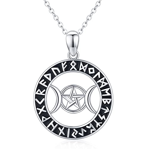 Midir&Etain Triple Moon Goddess Necklace 925 Sterling Silver Viking Rune Pendant Necklace Wiccan Pagan Amulet Jewelry Gifts for Women Girls