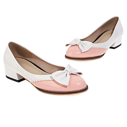 VOKLIN Women's Slip On Chunky Block Low Heeled Pump Shoes Round Toe Bow Patent Leather Two Toned Dress Shoes2