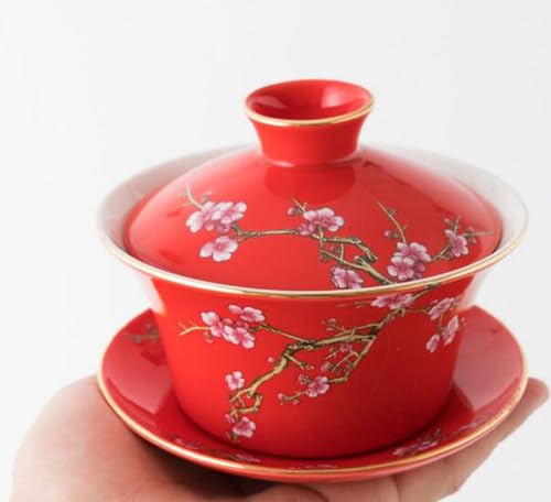 Image of 10oz Large Gaiwan, Ceramic Teacup -Embossed Plum Patterns (Red)
