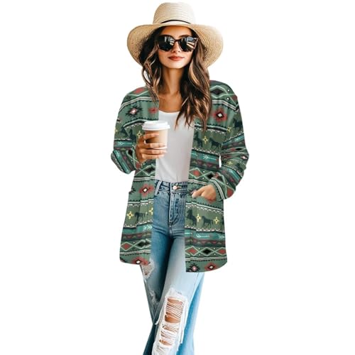 Image of Women's Aztec Open-Front Jacket Lightweight Casual Outerwear Native Western Aztec Pattern & Plaid Houndstooth Print