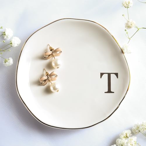 Yoqanr Ceramic Jewelry Tray Ring Dish Personalized T-Monogrammed Engagement Wedding Gifts, for Birthday Mother's Day for Women, Ceramic White 4.75" (T)