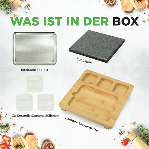 NutriChef Heißer Stein Grillplatte – Tischgrill-Set mit Bambus und Keramik Ideal für Steak und Dinner - Natürliches Granit-Kochset - Servierplatte mit Saucenschälchen