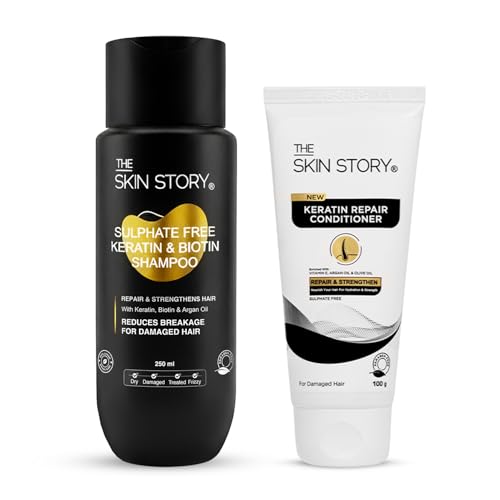 Image of The Skin Story Sulphate Free Keratin Shampoo & Conditioner Set | Shine & Frizz-Free Hair Care | Deep Cleansing & Damage Repair with Argan, Macadamia & Vitamin E | Sulfate-Free Hair Care for Dry, Frizzy & Treated Hair | Shampoo 250ml & Conditioner 100gm