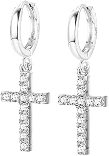 Finrezio 925 Sterling Silver Cross Earrings for Women Men Austria Crystal Cross Huiggie Hoop Dangle Earrings for Anniversary Valentine's Day