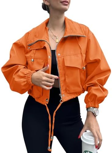 Tankaneo Womens Cropped Jacket Zip Up Lightweight Oversized Utility A...