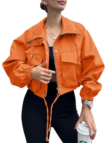 Tankaneo Womens Cropped Jacket Zip Up Lightweight Oversized Utility Anorak Coat with Pockets