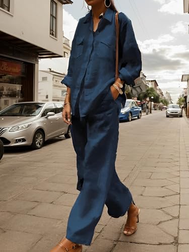 Womens Cotton Linen 2 Piece Sets Button Down Long Sleeve Shirt Elastic Waist Wide Leg Trousers Loose Sets with Pockets2