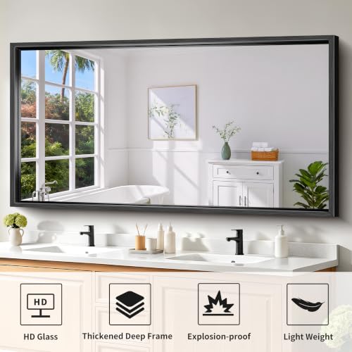 Image of Black Rectangle Mirror, 66 x 36 Inch Large Bathroom Mirrors | 0.6 inch Thickened Deep Frame Rectangular Wall Mirror, Brushed, Tempered Glass, Antirust, Horizontally /Vertically