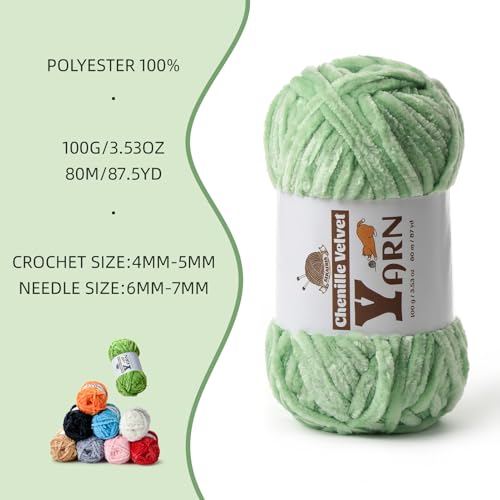 Image of 2 Pack Plush Chenille Chunky Yarn - Fluffy Velvet Yarns Crochet for Blanket Knitting and Crocheting - Soft Baby Yarn for Crocheting - Amigurumi Crochet Yarns 100g (87yds) (2 Light Green)