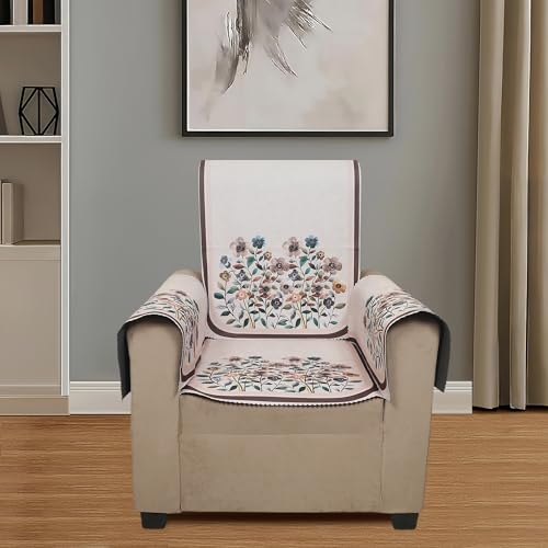 Image of Velvet 3 Seater Sofa Cover with 6 Seat and Back Covers, 2 Hand Rest Covers - Floral Design - Washable Fabric - Stylish Sofa Cover for Modern Living Room (Beige, 3 Seater With Arm Cover)