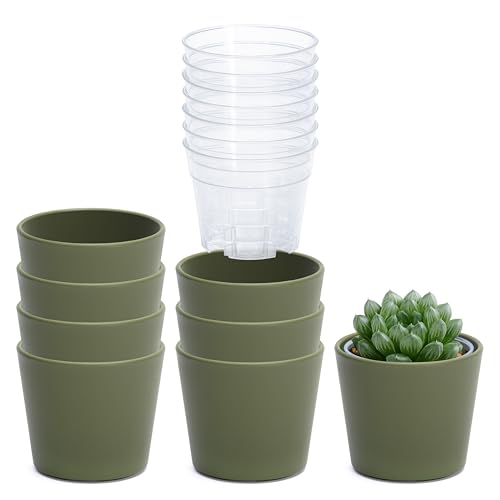 Phoenix Vine 3.5 Inch Olive Plastic Cachepot with Clear Nursery Pot, Decorative Lightweight Planter Cover with Transparent Inner Pot for Indoor Houseplants, Pack of 8, 24-A-F-8 by Phoenix Vine - Used condition - US$21.99