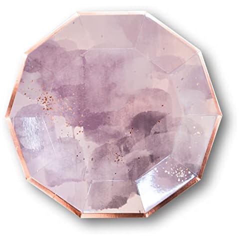 Harlow & Grey Amethyst Large Party Plates Set, 24 Ct Pack, 9.75” Elegant Disposable Paper Dinnerware Supplies for Birthday, Wedding, Shower, Anniversary, Holiday, Purple Watercolor & Rose Gold Cover