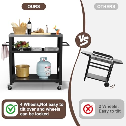Nessxa Outdoor Grill Cart with Three-Shelf, Stainless Steel Pizza Oven Table for Outside, Dining Kitchen Cart with Two Side Handle, Garden Patio BBQ Kitchen Food Prep Table Cart (Black) - Thumbnail 5