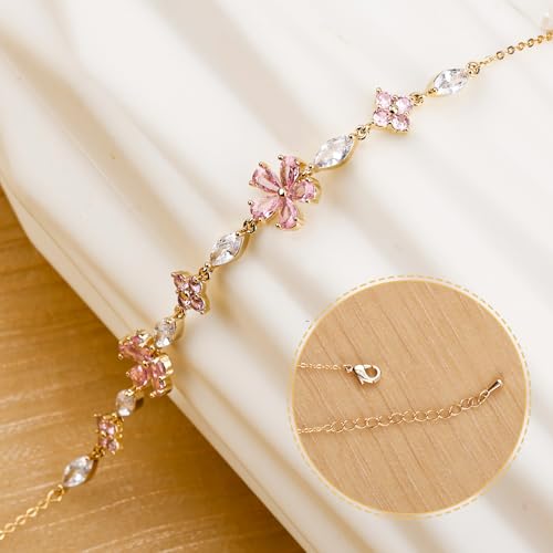 Cherry Blossom Bracelet, Gold Adjustable Flower Chain Pink Crystal Cherry Blossom Sakura Floral Bracelet Sparkly Petal Jewelry Accessories for Women4