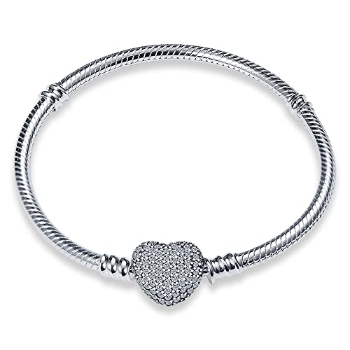 Image of 925 Sterling Silver Snake Chain Bracelets Fit Pandora Charms,Heart Clasp Bracelets Perfect For Any Glamour Gift for Women with 5 A Cubic Zirconia