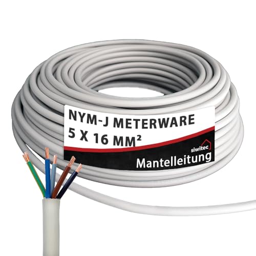siwitec NYM-J 5x16 mm² Kabel, Mantelleitung, Installationskabel, Feuchtraumkabel in grau, exakt zugeschnittene Meterware in Profi-Qualität, Länge (aktuelle Auswahl) = 5 Meter