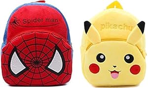 blue tree school bagback for kids 3-5 years soft toy bags birthday return gift, school bag spiderman & pikachu-Multi color,Soft fabric,Pack of 2