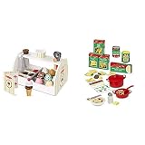 Product 1: Incluye el mostrador, 8 bolas de helado de madera, 6 ingredientes decorativos, 2 conos, 1 copa de plástico, 1 cuchara para bolas de helado, 1 cuchara de madera y 1 tarjeta de menú reutilizable