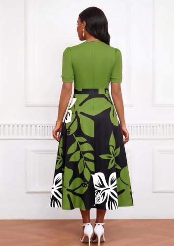 Image of MarryUP Women's Midi Dresses - V Neck Cocktail & Church Tea Dresses - Short Sleeve A-Line Swing Dress