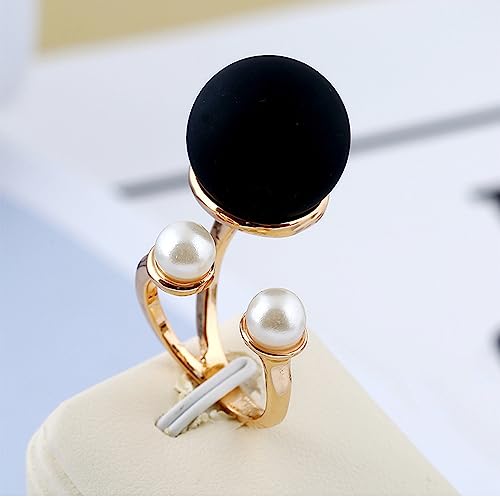 Big Matte Ball Statement Open Wrap Ring for Women Double Shell Pearls Black Ball Finger Rings Comfort Fit Fashion Punk Wedding Promise Party Jewelry Unique Size 84
