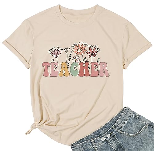 Women Flower Teacher Shirt Back to School Teaching Kindergarten Teacher Life Shirt Inspirational Letter Tee Tops, Beige Theme, S