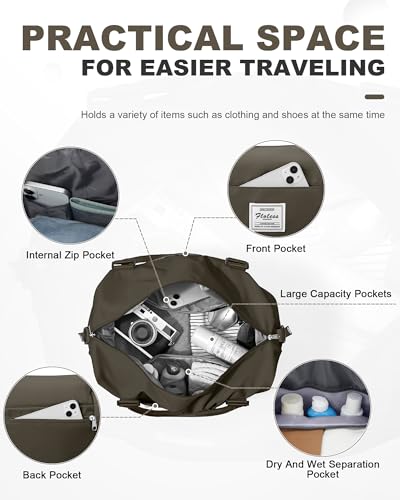 Spirit Travel Duffel - 18x14x8 Inches Weekender Overnight Bag with Shoes Compartment, Trolley Sleeve, Carry On for Airplanes, Sport Tote Gym Bag - Dark Brown