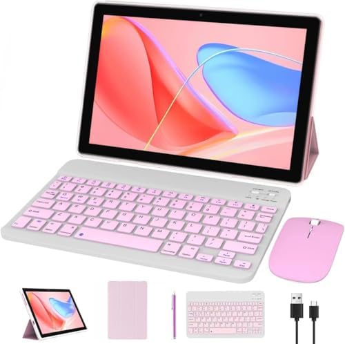 NOVOJOY Tablet 10.1' Android 11 OS, 2-in-1 Tablets with Keyboard, Mouse Case, Ballpoint Pen 64GB ROM+4GB RAM,8MP Dual Camera, Quad-Core Processor, 6000mAh Battery, 1280 x 800 FHD,