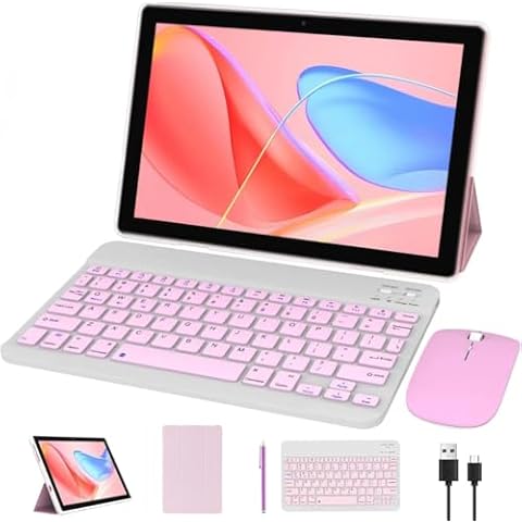 Tablet 10 Inch Android 14 Tablets 2 in 1 Tablet With Keyboard 64GB+8GB RAM 10.1" Tablets 8MP Camera 6000mAh Battery, Include Keyboard/Mouse/ Case/ Stylus Pen/Bluetooth Wifi-6 Tab Pink/Girl Tablet PC Cover