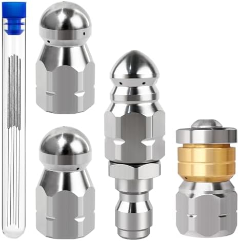 4PCS Pressure Washer Sewer Jetter Nozzle Kit - Stainless Steel Rotating Nose Jet Tip, Different Model Drain Spray Heads,...