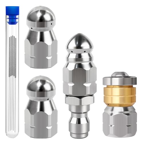 4PCS Pressure Washer Sewer Jetter Nozzle Kit - Stainless Steel Rotating Nose Jet Tip, Different Model Drain Spray Heads, 1/4'' NPT Quick Connector, 5000 Psi for Pipe Clog Cleaning