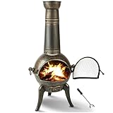 TecTake® Stufa da Giardino in Ghisa, Stufa da Terrazza con Griglia Estraibile e Attizzatoio, Regolazione Aria, Protezione dalle Scintille, Copertura Caminetto Removibile - Grigio