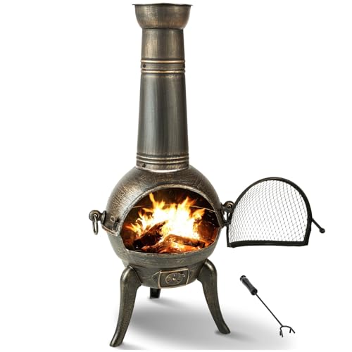 TecTake® Stufa da Giardino in Ghisa, Stufa da Terrazza con Griglia Estraibile e Attizzatoio, Regolazione Aria, Protezione dalle Scintille, Copertura Caminetto Removibile - Grigio