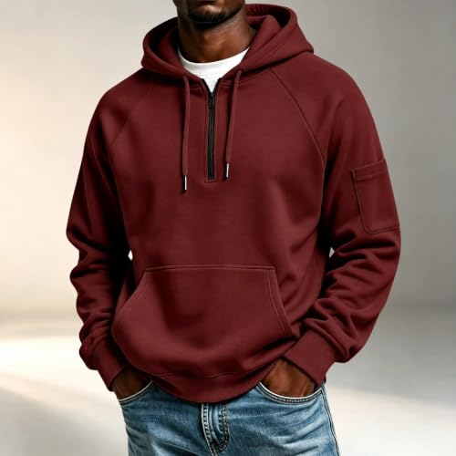 Mens Quarter Zip Hoodie Pullover Casual Long Sleeve Sweatshirt with Pocket | Quarter zip hoodie men, with drawstring hood and kangaroo pocket for men, for everyday wear, travel, workouts and weekends — view 2