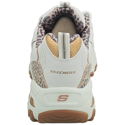 Skechers Femme D'Lites Baskets, White Duraleather Mesh Leather Leopard Trim, 39.5 EU