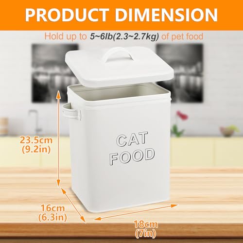 Pethiy Cat Food and Treats Containers Set with Scoop for Cats or Dogs -Tight Fitting Wood Lids - Coated Carbon Steel - Storage Canister Tins-Cat-White
