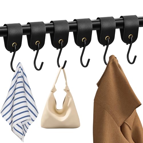 Ferizzia 6 Pièces Crochets S en Cuir, Crochet en S avec Boucle en Cuir, Haken mit Lederschlaufe pour Vêtements Manteaux Cuisine Bain Chambre Jardin Bureau Camping