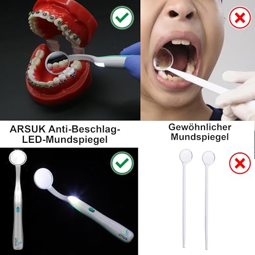 ARSUK Mundspiegel mit licht- Zahnspiegel mit licht- beschlagfrei, Zahninspektion, Zahnarzt-LED-Spiegel, Mund- und Mundpflege, 5,90 Zoll (15 cm), Blau und Grün, 2 Stück