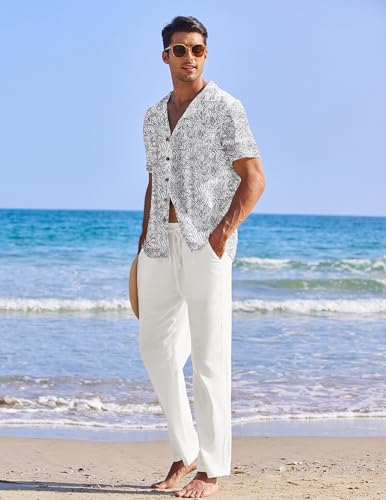 Image of COOFANDY Men 2 Piece Linen Outfit Beach Button Down Shirt Casual Loose Pant Sets