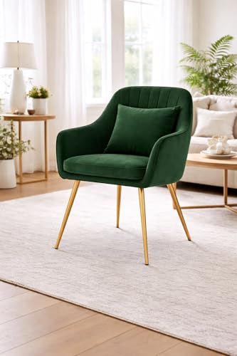 Image of Velvet Chair for Home | Modern Accent Armchair in Soft Velvet Fabric with Golden Legs | Set of 2 Premium Accent Chair for Living Room Bedroom Restaurent | (Green 1pc, Standard)