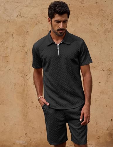 Image of URRU Mens Textured Polo Shirt and Shorts Sets Outfits 2 Piece Summer Tracksuits Casual Quarter Zip Golf Polo Shirts