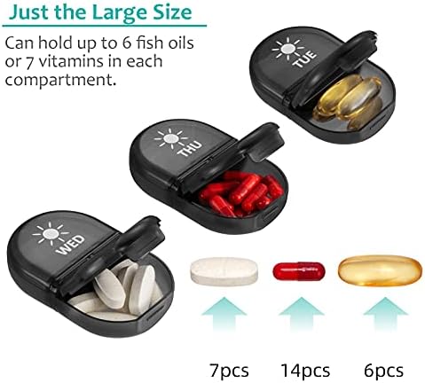 Fullicon Pill Box Organiser 2 Times A Day, Portable 7 Day Pill Boxes, Tablet Organiser with Large Compartments for Medicine, Medication, Vitamin, Supplement and Fish Oil Supplements (Black)
