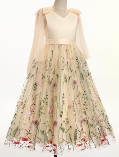 Flower Girl Maxi Dress Wedding Formal Bridesmaid Floral Embroidered Tulle Skirt Princess Pageant First Communion Gown2