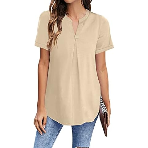 Newchoice Womens Summer Short Sleeve Tops V Neck Trendy Casual Work Blouses Loose Fitting Tunic Shirts (Beige, L) Cover