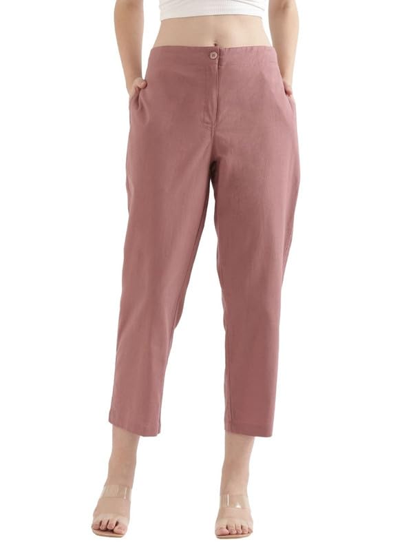 Image of SAADAA Women's Airy Linen Straight Pants | Regular Fit Trousers | Half Elasticated with Drawstrings & Buttons | 4 Pockets | Everyday & Office Wear