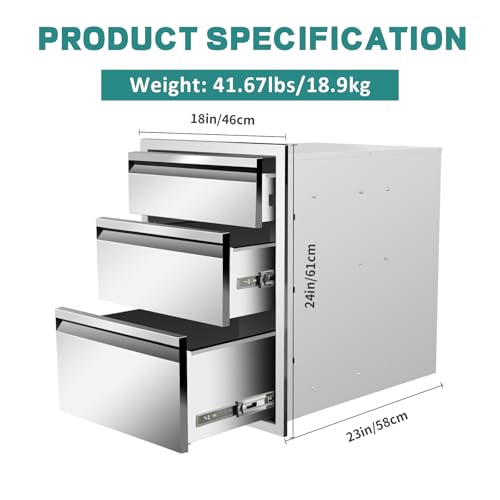 Image of Outdoor Kitchen Drawers 18 inch W x 24 inch H x 23 inch D Stainless Steel Drawer BBQ Triple Drawers with Hidden Handle for Outdoor Kitchen Island, Patio Grill Station