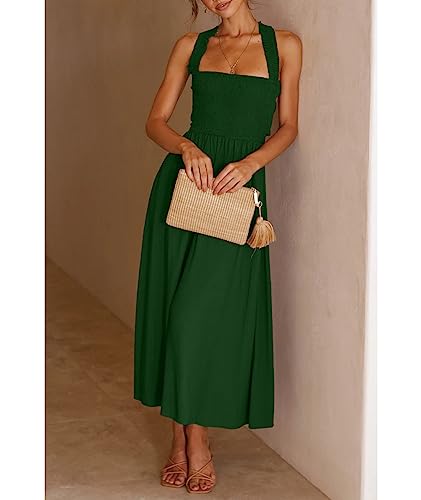 Image of Sexyshine Women's Square Neck Halter Lace Up Criss Cross Maxi Dress Tie Back Sleeveless Smocked Ruched A Line Dress