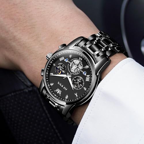 Image of OLEVS Men Watches Stainless Steel Chronograph Watch, Large Wrist Analog Quartz Watch, Fashion Waterproof Diamond Roman Numerals Dress Watches for Men, Gold /Black /White /Blue /Grey Dial
