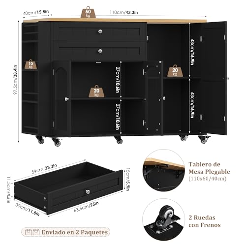 FirFurd Isla Cocina con Ruedas, Isla de Cocina con Barra, Mueble Cocina Auxiliar, con Mesa Plegable, con 5 Ruedas, 2 Cajones y 3 Puertas, Especiero y Toallero (Negro) - imagen 3
