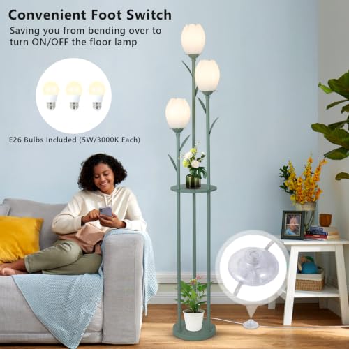Image of 3-Light Flower Floor Lamps for Living Room, Green Floor Lamp with Shelves, Unique Tulip Standing Lamp with 3 LED Blubs, Cute Floral Tall Lamp, Modern Stand Up Light Decor for Bedroom, Kids Room