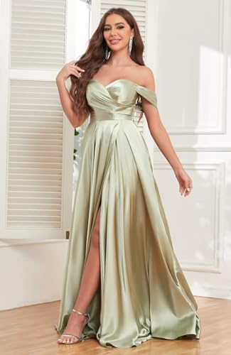 Image of JKMMYO Satin Bridesmaid Dresses for Women Off The Shoulder Pleated Long Formal Evening Dress